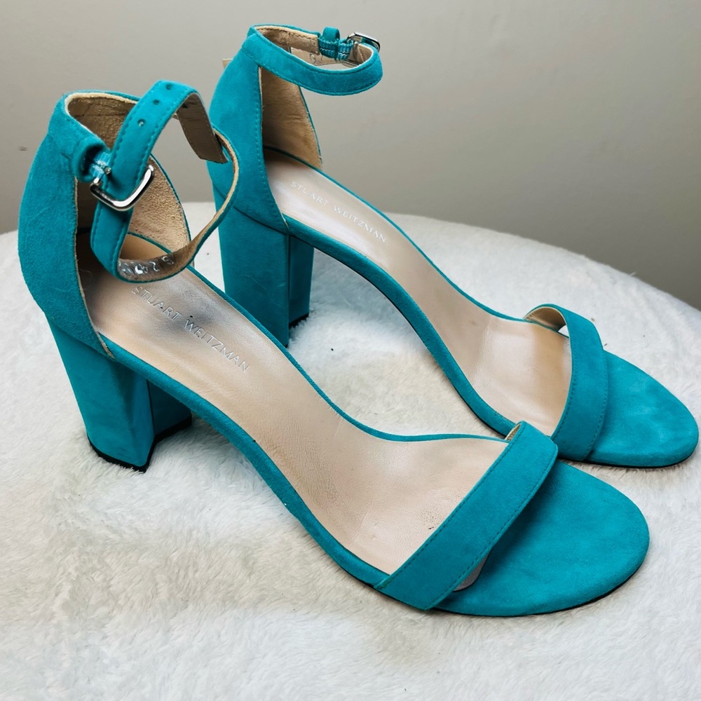 Stuart Weitzman Turquoise Suede Block Heel Sandals